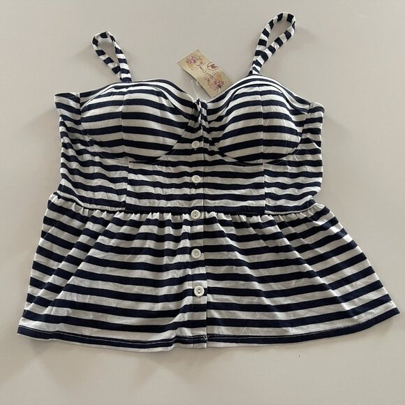 Red Camel Tank Top Large Spaghetti Straps Shirred Striped Navy White Baby Doll - Picture 1 of 12